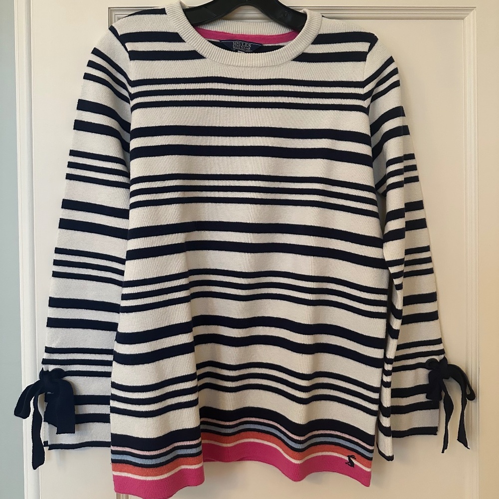 Joules Knitwear - Striped Sweater with Tie Cuffs - Cream, Blue, Pink, Size USA 6